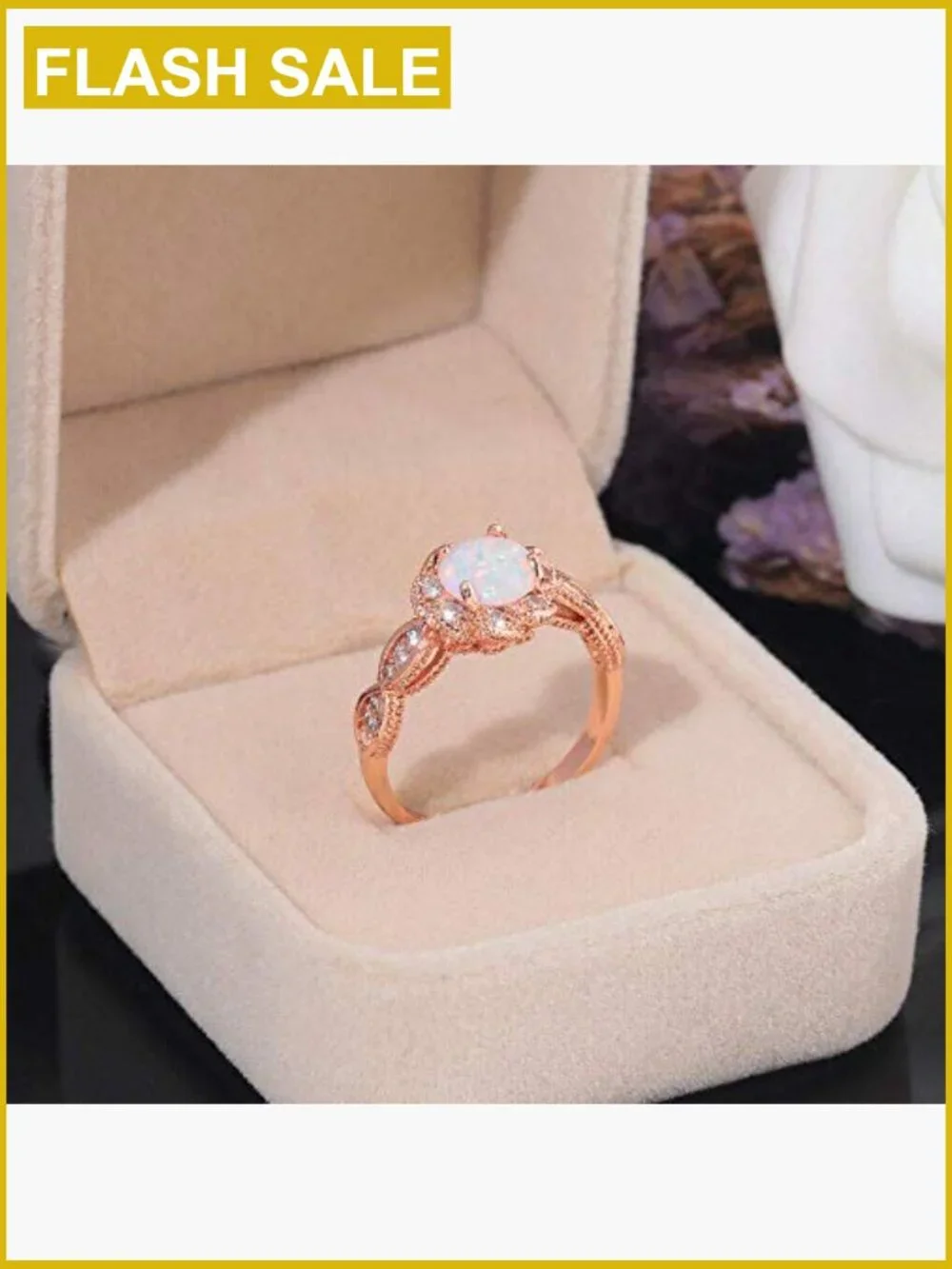 18K Gold Plated Opal Ring Band - White Fire Opal Amethyst Cubic Zirconia Size